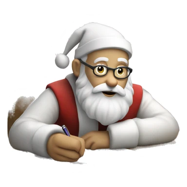 White Santa Claus is sitting on a desk, writing something down on a sheet of paper, solving complicated math puzzles  sticker