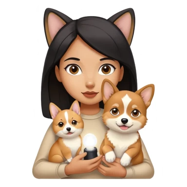 The girl with black hair is holding a light beige Abyssinian kitten and a Corgi. sticker