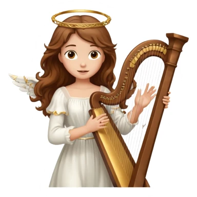 Female angel holding harp with flowing brown hair sticker