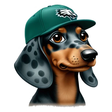 Miniature Blue and Tan Dapple Light Brown Spotted Dachshund wearing Philadelphia Eagles Hat with C on it sticker