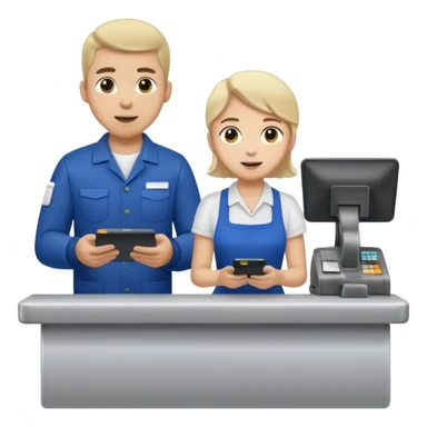 Supermarket employee at a cash register, full body, serving a man surprised sticker