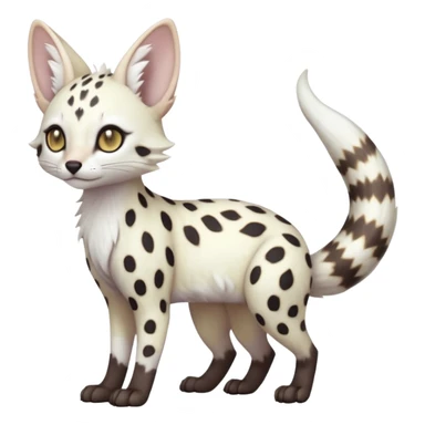 White Albino grey-spotted Serval-Civet-Genet-Trico-Furret-Linoone-Fakémon-Pokémon-animal-hybrid-fusion-creature (full body) with vibrant glowing eyes, cute, elegant, soft, realistic, pastel fur sticker