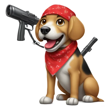 Dog with a red bandana and sharp teeth with a paintball gun sticker