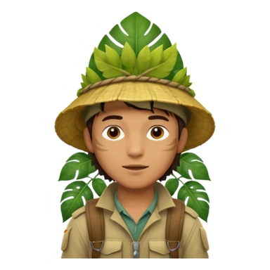a young man explorer with jungle wearing a large leaf headgear bye  sticker