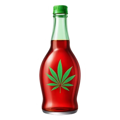 Curved red glass bottle similar to Coca-Cola style with a green cannabis leaf printed on it and a label sticker