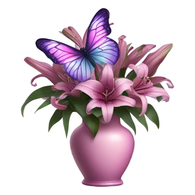 Aesthetic butterfly with purple and pink wings sitting on a dark purple bouquet of Lilies in a pastel pink vase sticker