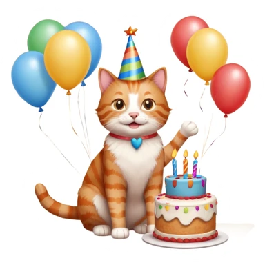 Ginger cat celebrates birthday, birthday hat, birthday cake, balloons, happy, gifts sticker