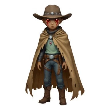 A rugged alien outlaw cowboy with scars and glowing red eyes, torn futuristic poncho, standing in a deserted alien town, dust blowing through empty streets, moody shadows, gritty sci-fi western realism
 sticker