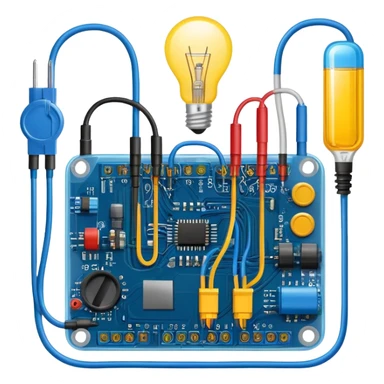 An icon featuring circuit boards, glowing wires, and a multimeter, symbolizing electrical engineering. The design includes a light bulb, voltage symbols, and electric currents flowing through components, representing the study and application of electricity. Transparent background sticker