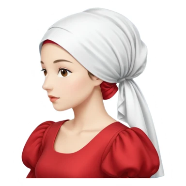 mujer de perfil con un vestido rojo de manga y falsas largas y voluptosas, y una toca blanca que cubre su cara sticker