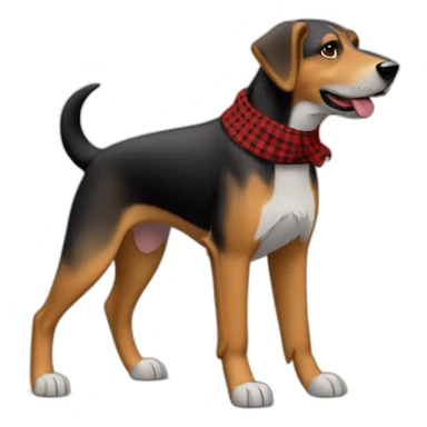 adult 75% Coonhound 25% German Shepherd mix dog with visible tail wearing small pointed red buffalo plaid bandana full body walking left quickly sticker