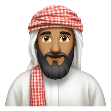 Saudi man with a beard wearing a white thobe, traditional red check patterned shmagh headscarf, and black agal sticker
