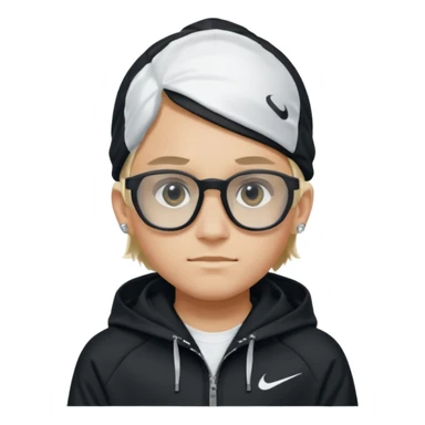 un emoji de un chico emcapuchado blanco con luzes negras e rubias, com uma chaqueta negra nike tech y unas gafas de oakley, con pendientes de diamante, que las gafas sean estilo cuadradas, los pendientes q no se cuelguen, que sean redondos, en las dos cejas un corte, que las gafas no sean circulares sticker
