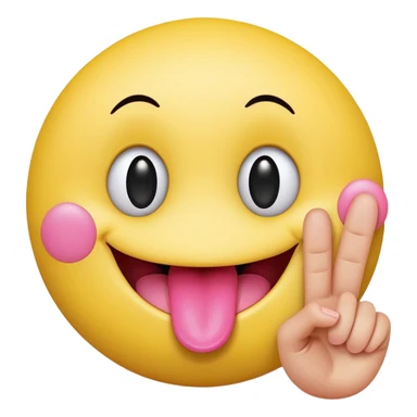 The image is a digital illustration of a yellow smiley face with big, round eyes and a big smile. The face is holding a pink tongue sticking out and making a 67 with its fingers. Above the face, The background is white. Like this but get rid of the text sticker