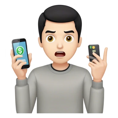 A surprised man with black hair holding a smartphone, wide eyes and open mouth, showing a banking app with a negative balance or notification of stolen money, hands in a shocked gesture, light skin tone, modern clothing, simple emoji style sticker