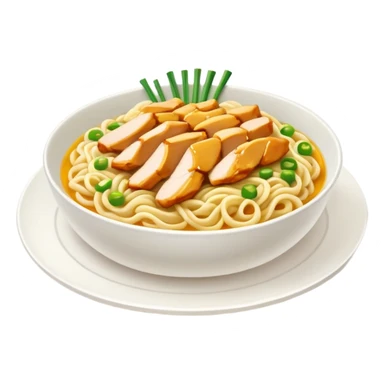 A plate of noodles with yellow sauce and chicken at the top sticker