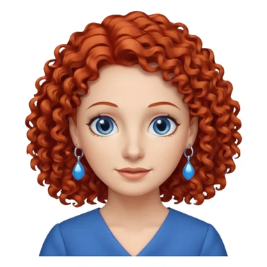 una profesora simpática con el pelo rojo rizado, ojos azules, vestido azul y pendientes azules sticker