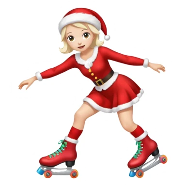Create an emoji-style illustration of a female roller skater wearing roller skates and a Mrs. Claus (Mama Noel) outfit. The style should be cute, expressive, colorful, and clear at small sizes, with simple lines, soft shading, and a festive Christmas vibe. sticker