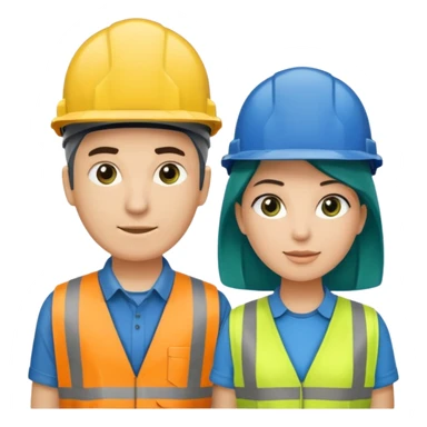 Um homem e uma mulher amarelos com capacete de obras ambos azul escuro e camisa social cinza com faixas refletivas verdes nos braços. Um deles deve estar segurando um megafone sticker