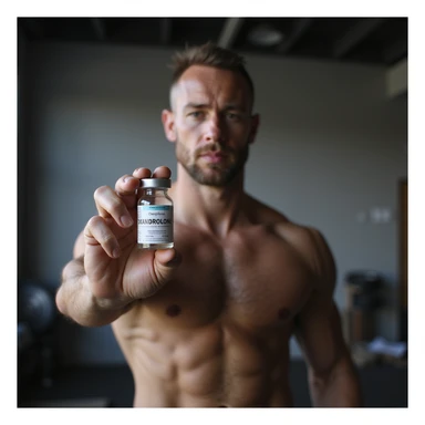 realistic photo of a crossfit athlete holding a vial labeled 'Oxandrolone' in the foreground, visible muscles, neutral atmosphere, gym background sticker