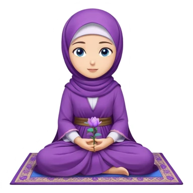 Turkish beautiful finish Konya girl blue eyes with purple flower hijab long tail dress and sits on the pray mat namaz on the ground with Islamic dua  sticker
