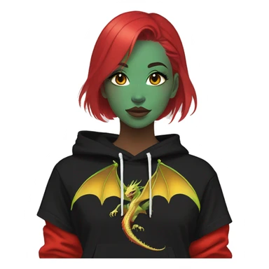 Lady with brunette and iridescent blue hair, gold, lime green dragon wings, black hoodie, bleach dyed, black and gold Nike t shirt, and bright red eyes sticker