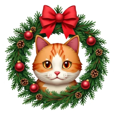 A Christmas wreath made entirely of fir trees, decorated with a red bow at the bottom, pine cones and Christmas tree balls, and a cat poking its face through the hole in the center. sticker