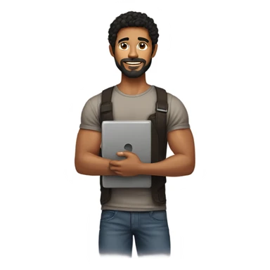 men holding his computer in hands. light brown skin men with curly black hair, dark brown eyes, little grown beard. just a tiny bit muscular. dressed casual. round face. sticker