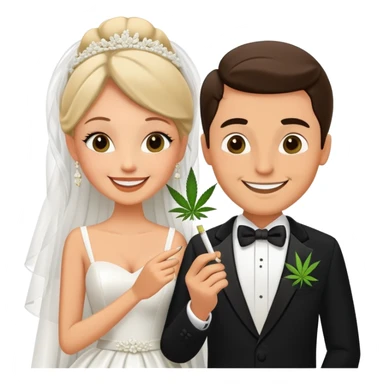 Bride in white dress and groom in tuxedo sharing a cannabis joint, cheerful cartoon wedding couple sticker