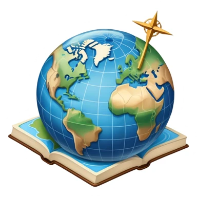 an icon featuring an earth with attitude and longitude lines, a textbook, and a topographic map, symbolizing geography as a science. The design includes a compass, mountain ranges, and rivers, representing the study of Earth's features and landscapes. Transparent background highlights geography. sticker