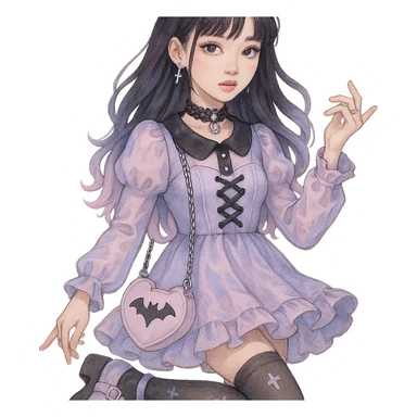 gothic K-pop girl, dreamy pastel goth style, soft colors with gothic details, whimsical pose, cute accessories sticker