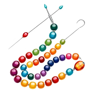 Create a harmonious and well-composed icon that represents the hobby of beadwork. The design should feature colorful beads, thread, and a beading needle or tool in a balanced arrangement. The elements should flow naturally, reflecting the creativity and precision of the craft. Ensure the composition is clean and aesthetically pleasing, with vibrant yet balanced colors. The background should be transparent. sticker