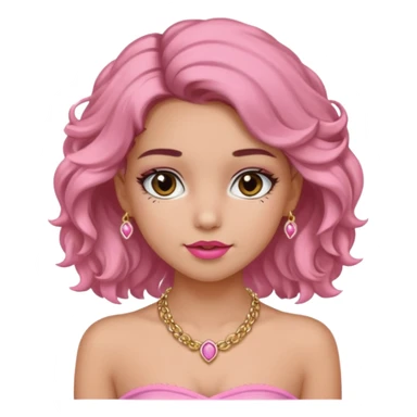 crée moi une jeune fille très belle avec les cheveux bouclés long brune avec un top  sans manche ni brettelles juste un 'bandeau' de couleur rose clair avec un peu de maquillage et des beaux et long  cils un collier en or sticker