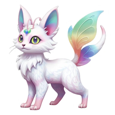 Pure-snow-White albino iridescent with pastel rainbow-gradients-color-markings with swirly patterns butterflies  faerie-Noivern-Noibat-Purloin-Torracat-Lykoi-Caracal-cat-Fakemon-fusion-hybrid-creature-scared sticker