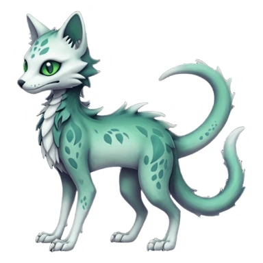 Kawaii spectral spooky dark bleak blackish swampy white-skeletal gloomy ghostly dark greyish dark-deep-greenish foggy eldritch beautiful realistic edgy fantasy ghoul-like stitched feline-vernid-sergal-fursona animal creature with a tufted tail full body with intricate markings  sticker