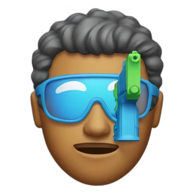 Man with water pistol attached to his forehead sticker