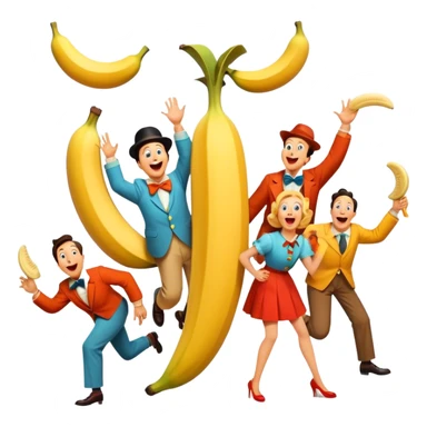 A vintage movie poster-style design featuring slapstick humor elements—funny characters in exaggerated poses, oversized props, and bright colors. Include elements like pies in faces, a falling banana peel, and cheerful expressions. Retro cinematic style. Transparent background. sticker