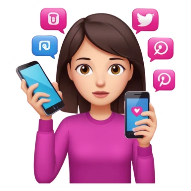 Social media manager. She has dark brown hair, brown eyes, overwhelmed expression, slightly stressed face,a holding a smartphone with notifications piling up. Use vibrant colors with a focus on pink and fuchsia tone sticker