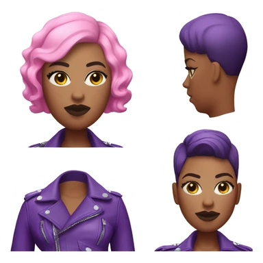 Plus size black woman with short buzz cut pink hair and a purple leather biker jacket with makeup on face. sticker