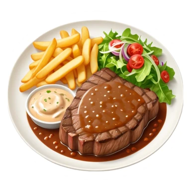 big juicy australian steak meal featuring chips, small salad in a ramiken and gravy  sticker