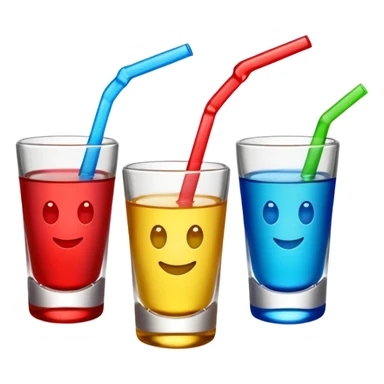 three shot glasses, each with a different colorful drink, classic emoji style, simple and clear sticker