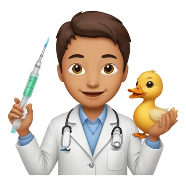 Duck doctor holding syringe and cheerful grin.

 sticker