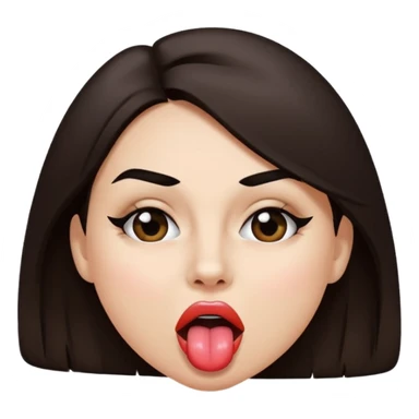 woman with dark brown hair wearing black band over eyes with tongue out sticker