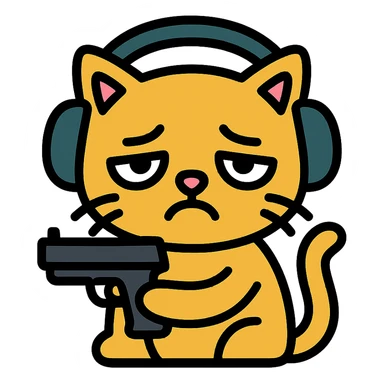 tired sad cat holding a gun, wearing headphones, colored icon sticker