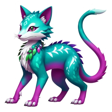 Kawaii cute colorful iridescent deep-dark-turquoise-green and magenta and white beautiful pretty elegant divine edgy feline-vernid-sergal-Fakémon-Pokémon-fursona-animal-creature with accessories, full body, with intricate detailed markings sticker
