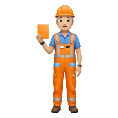 older engineer hi-vis orange overalls full body holding a card sticker