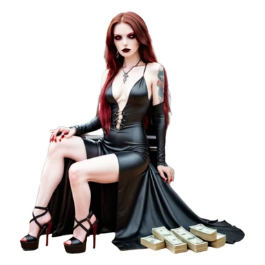 Lilith symbol red eye seductress evil long brown haired sexy succubus woman with leather long dress with slit, sitting in Big Large F350 pickup truck. Black Platform high heels on feet. Tattoo sleeve arms, seat full of stacks of cash, and a man dead human skull of her enemies and a gun in other hand sticker