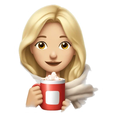 pretty blonde girl with eyes closed wrapped in big blanket drinking hot chocolate with marshmallows sticker
