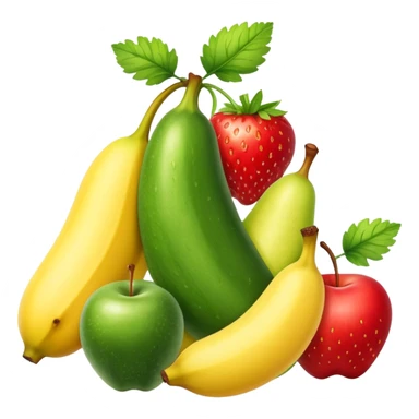 Group of fruits: banana, pear, cucumber, strawberry, red apple and parsley. Apple emojis style, they must be stacked on top of each other. sticker