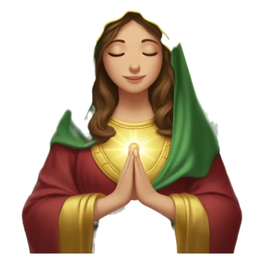 Virgin Mary: kind face looking down at the left, long brown hair, Wearing an emerald green  robe with gold stars and a burgundy red dress,  Hands in prayer or blessing. Halo around her head. standing in front of a big sun. colorful roses on the sides  sticker